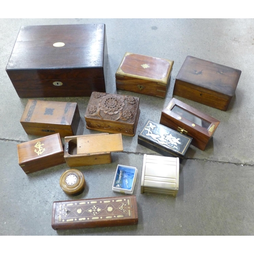 743 - A collection of wooden boxes including one carved, 19th and 20th Century