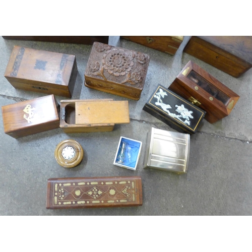 743 - A collection of wooden boxes including one carved, 19th and 20th Century