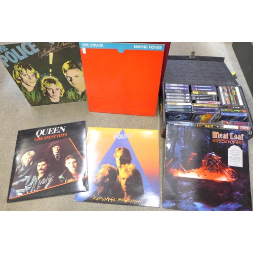 754 - A case of LP records, Elvis Costello, Police, David Bowie, Meatloaf, Dire Straits, etc., and a box o... 