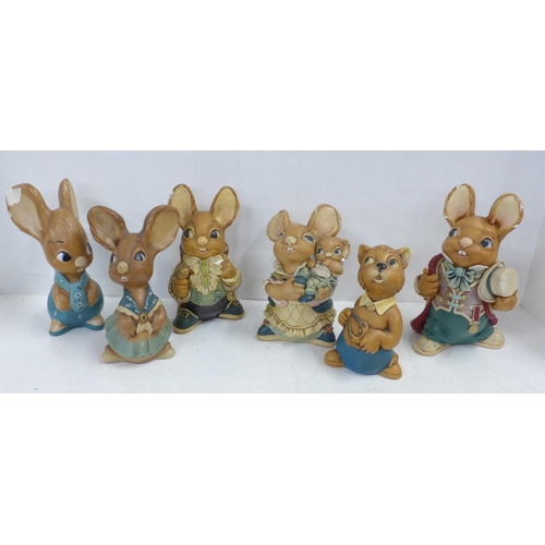 764 - Five large Pendelfin figures; mother rabbit, father rabbit, Uncle Henry, mother and baby and father ... 