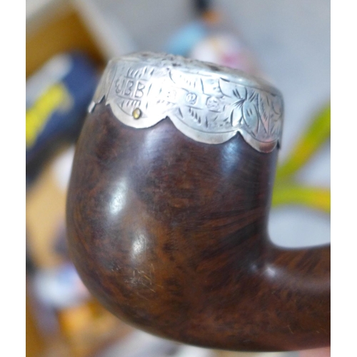 785 - A collection of pipes including Meerschaum, porcelain, clay, etc., one silver mounted