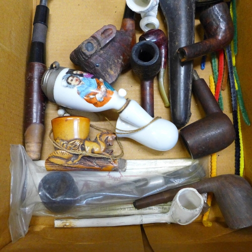 785 - A collection of pipes including Meerschaum, porcelain, clay, etc., one silver mounted