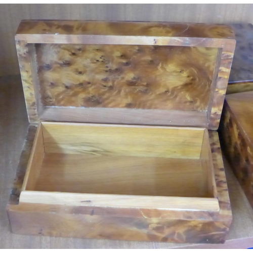 797 - Five thuya wood boxes including one with marquetry lid