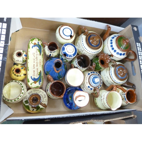 846 - Two boxes of Watcombe Torquay Motto Ware pottery, tea pots, vases, jugs, plates and bowls