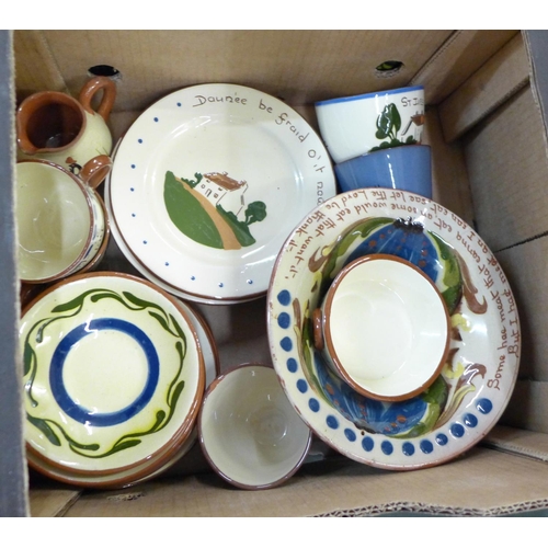 846 - Two boxes of Watcombe Torquay Motto Ware pottery, tea pots, vases, jugs, plates and bowls