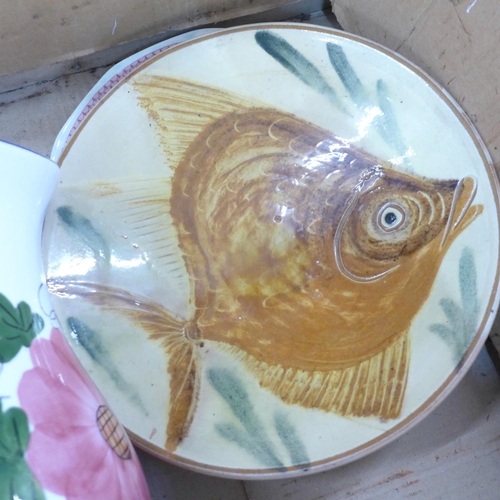 856 - An Adams Mandalay hand painted plate, two 19th Century jugs, a stoneware fish plate and a hand paint... 