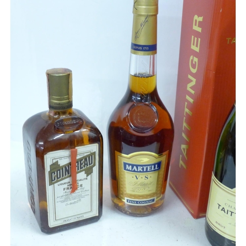 874 - Four bottles; Cointreau, Remy Martin champagne cognac, Martel brandy and Taittinger champagne