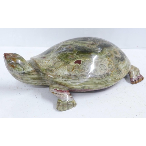 875 - A large onyx turtle, one leg repaired, 30cm