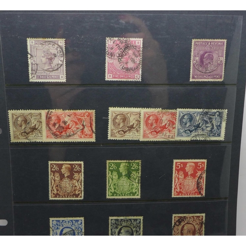 884 - Stamps; GB high values, Queen Victoria to King George VI on stock sheet