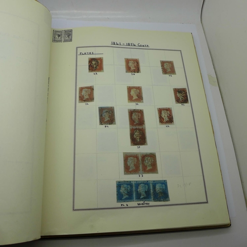 886 - Stamps; an album with Victorian and later stamps including one penny black, eight two-penny blue and... 