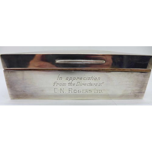 891 - A silver cigarette box, with inscription, width 12.5cm