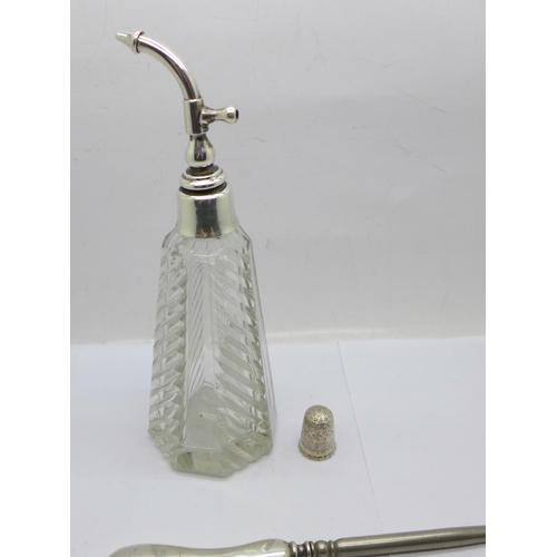 892 - A silver mounted scent atomiser, a silver handled boot hook and a silver Charles Horner thimble