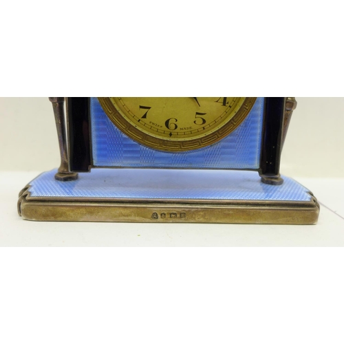 893 - A silver and enamel 8-days desk clock, Adie Brothers, enamel a/f