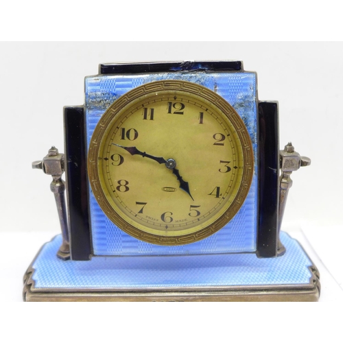 893 - A silver and enamel 8-days desk clock, Adie Brothers, enamel a/f