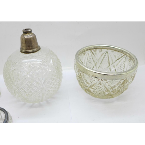 894 - Five silver mounted glass items including a vase and two bowls, (globular scent lacking top)