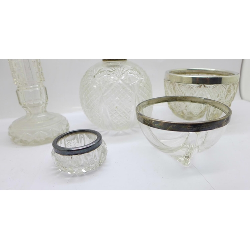 894 - Five silver mounted glass items including a vase and two bowls, (globular scent lacking top)