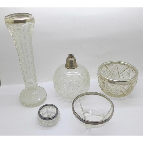 894 - Five silver mounted glass items including a vase and two bowls, (globular scent lacking top)