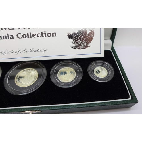 907 - Coins; The Royal Mint 1998 Silver Proof Britannia Collection four coin set, all fine silver, £2, £1,... 