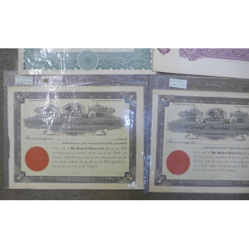 956 - 1960's share certificates, four The South-Eastern Gold Mining Company Limited and four American