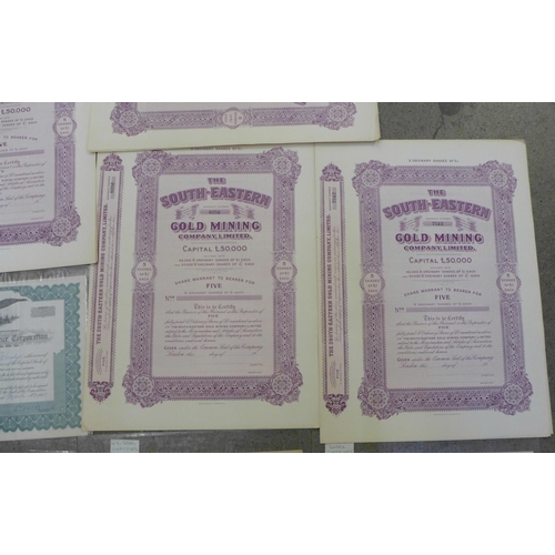 956 - 1960's share certificates, four The South-Eastern Gold Mining Company Limited and four American