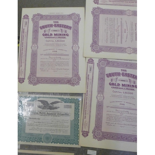 956 - 1960's share certificates, four The South-Eastern Gold Mining Company Limited and four American