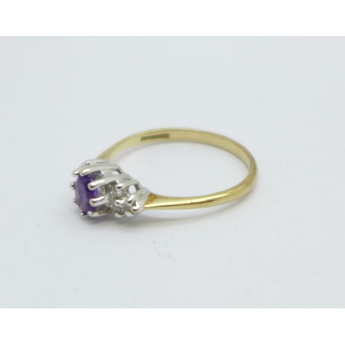 970 - A 9ct gold, amethyst set ring with diamond shoulders, 1.6g, N