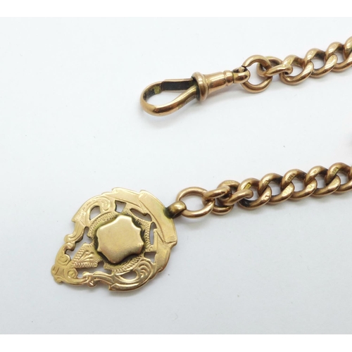 980 - A 9ct gold Albert chain with 9ct gold fob, each graduated link marked, 54g, 35cm from clip to T-bar