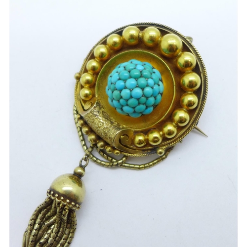 995 - A Victorian yellow metal and turquoise set memorial brooch with tassel drop, tests as 15ct gold, tot... 