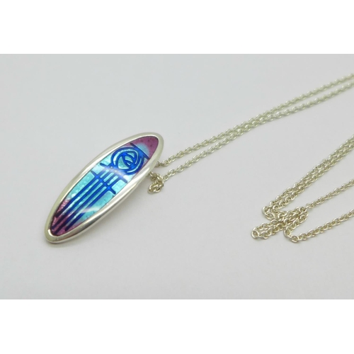 997 - A Scottish silver Rennie Mackintosh style enamel pendant by Malcolm Gray for Ortak with chain