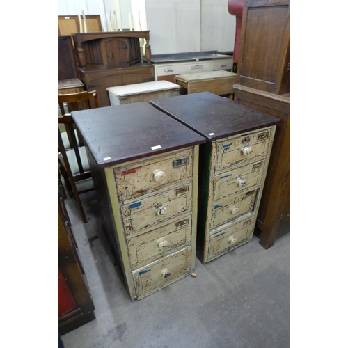 172 - A pair of industrial style painted pine and mahogany four drawer chests