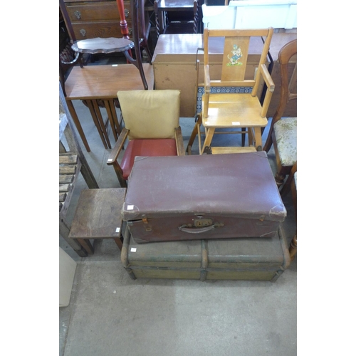 241 - A vintage travel trunk and one other, a beech metamorphic high chair and one other