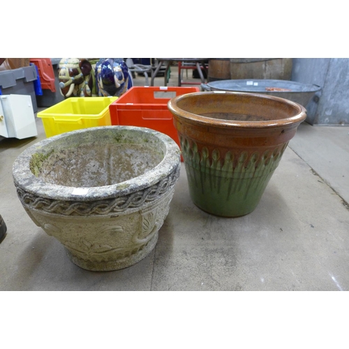 276 - A terracotta glazed planter and a concrete planter, a/f