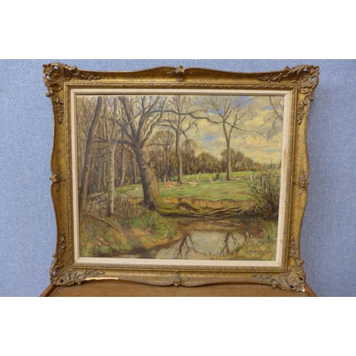 289 - Charles Youldon, river landscape, oil on canvas, dated 1945, framed