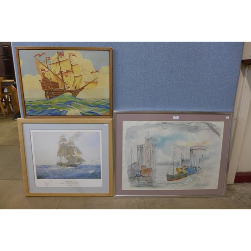 301 - * Yang, harbour landscape, watercolour, a signed Geoff Hunting limited edition print and an oil pain... 