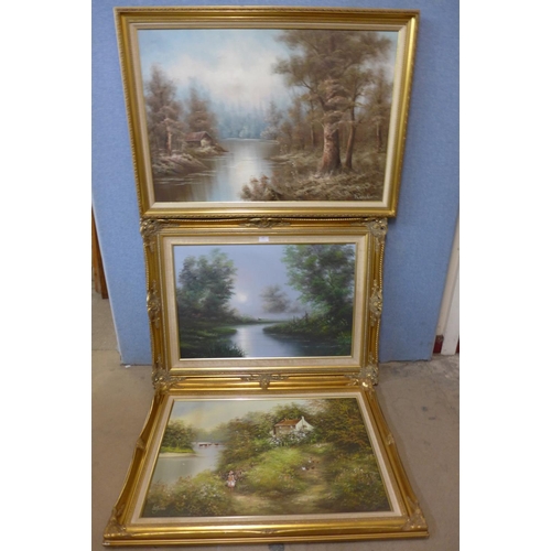 305 - Les Parson, river landscape, oil on canvas and two other oil on canvas landscapes