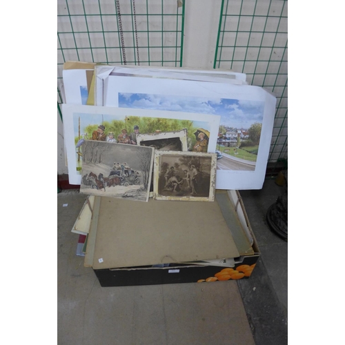 309 - A folio and box of prints, watercolours and photographs