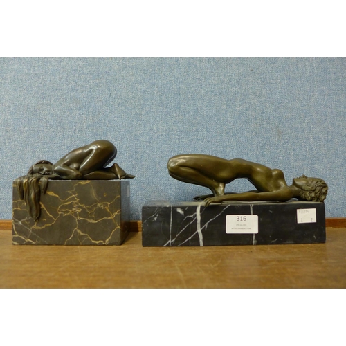 316 - Two bronze figures of erotic female nudes, on black marble socles