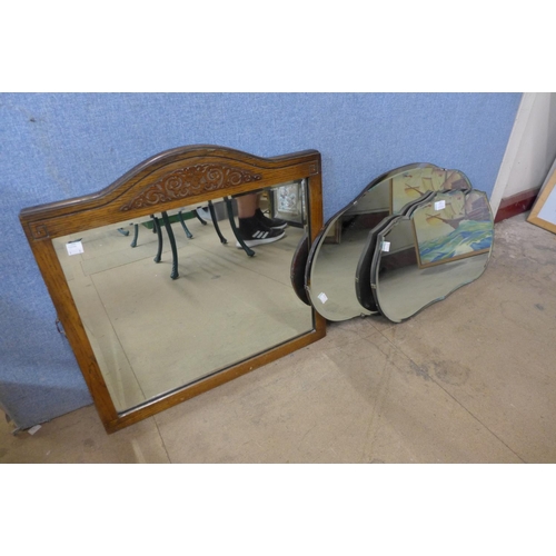 322 - Two bevelled edge mirrors and an oak framed mirror