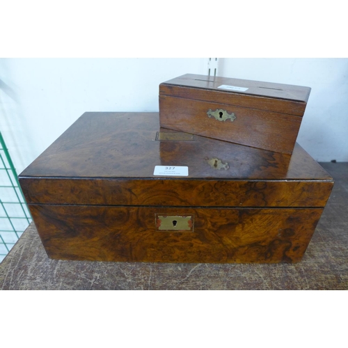 327 - A Victorian burr walnut writing slope and a small Victorian mahogany ballot box