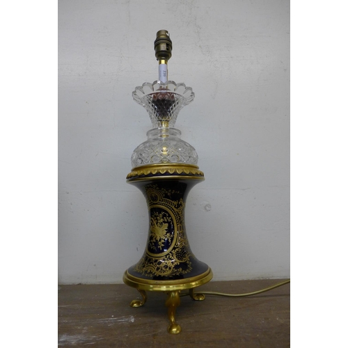 336 - A French style cobalt porcelain, gilt metal and cut glass table lamp