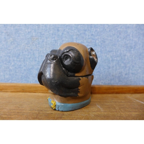 347 - A small novelty painted bronze boxer dog pot