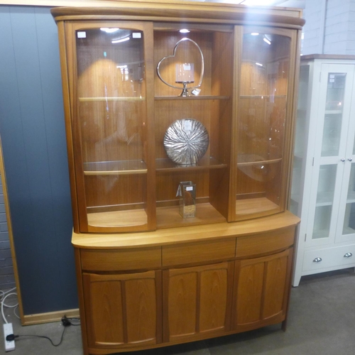 1511 - A Shades, teak, shaped glass top unit and a Shades teak shaped three door sideboard - damaged to rig... 