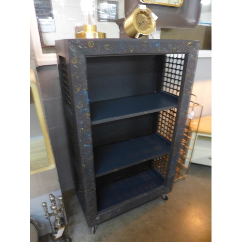 1408 - A hardwood painted open bookcase, with metal lattice work to sides.