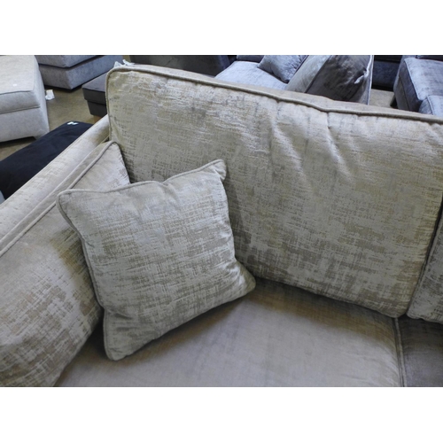 1586 - A copper and silver velvet three seater sofa