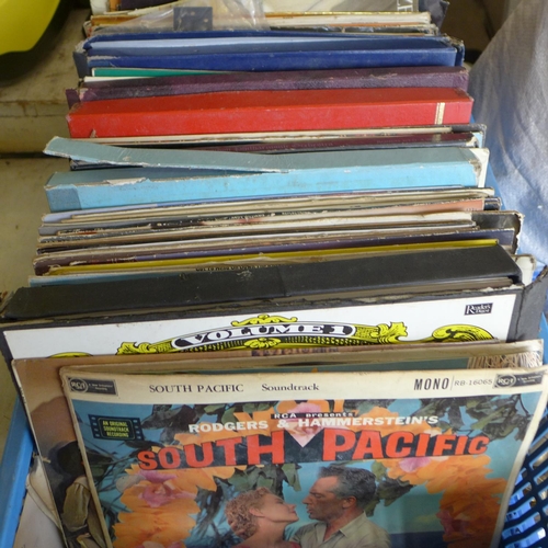 2058 - Blue plastic tray of LP records, mixed genres, soundtracks, pop, box sets, etc.