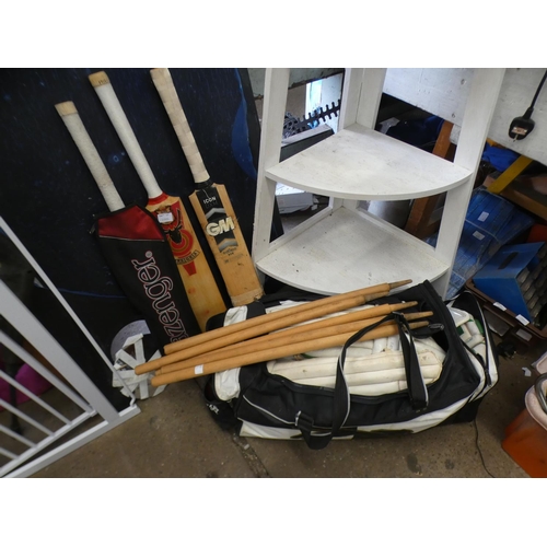 2335 - Cricket equipment; 3 bats, Slazenger GM Insignia pads, balls, gloves, etc.