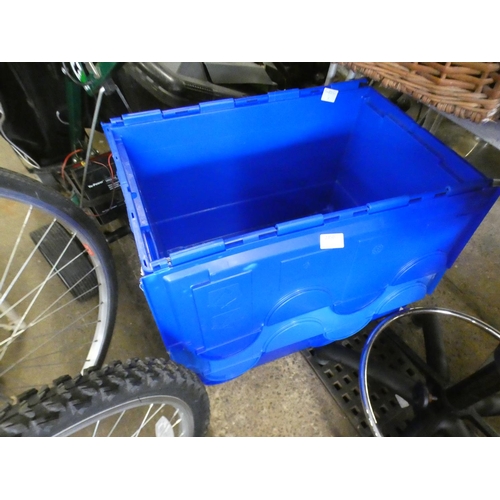 2350 - 3 Blue lidded stackable storage tubs/crates, 40cm x 20cm x 60cm approx.