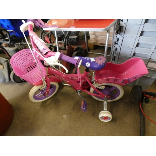 2360 - Girl's Suzy bike with dolly seat basket & stabilisers - used twice