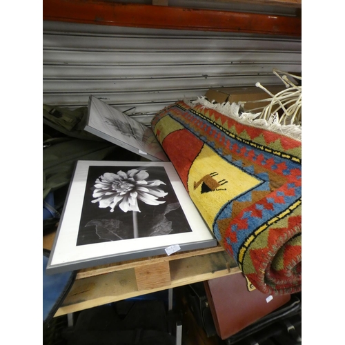 2402 - Two metal framed mirrors, 2 pictures of flowers in frames & Ikea Egyptian themed rug