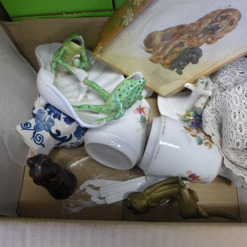 2141 - Box of frog related misc., includes a 1969 original signed piece & box of crockery